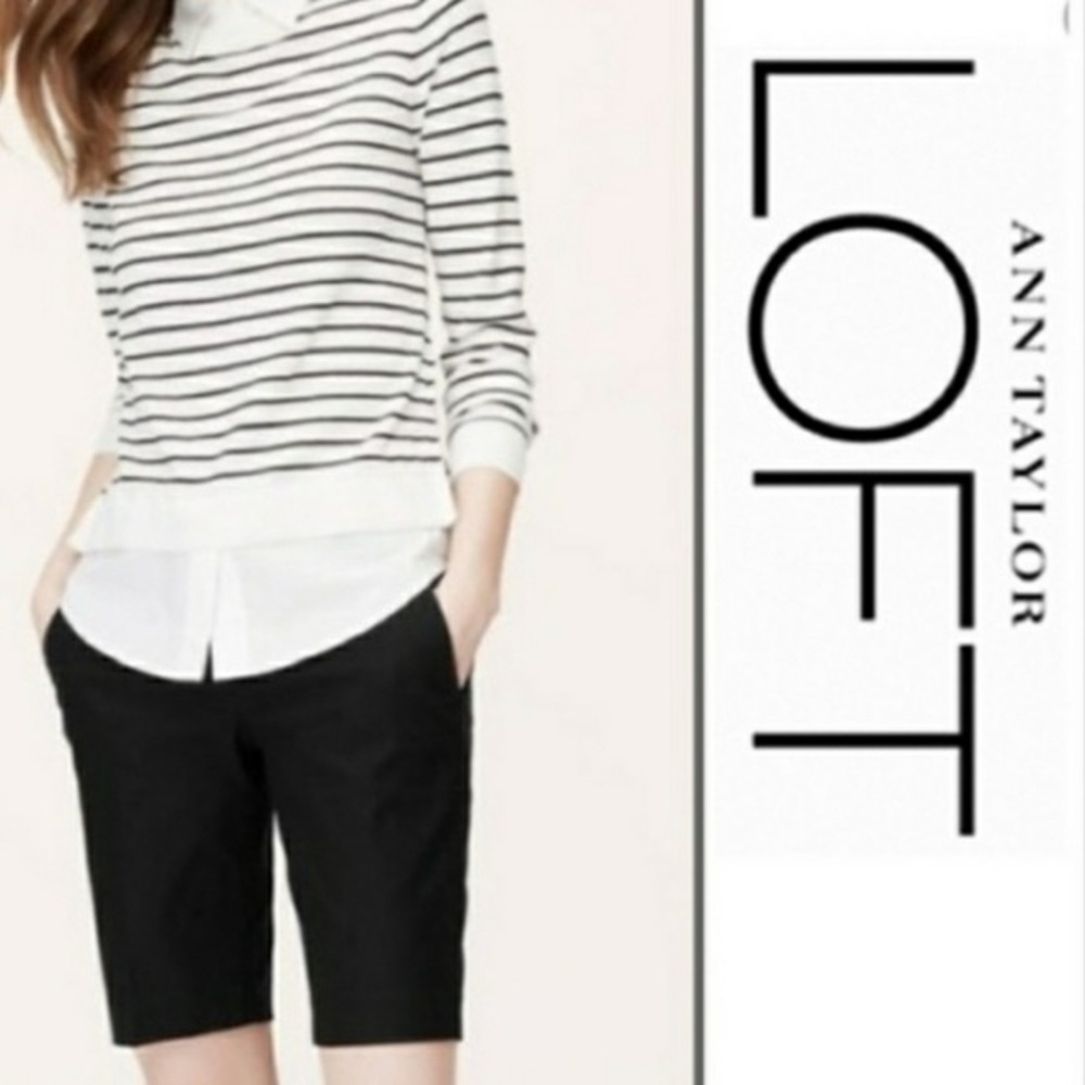 LOFT black Bermuda length long cotton short curvy fit, slash pockets, Sz 4